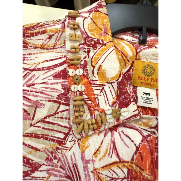 Ruby Rd Blazer Womens 24W Red Orange Floral Button Front Beaded Cotton Jacket - Picture 3 of 8